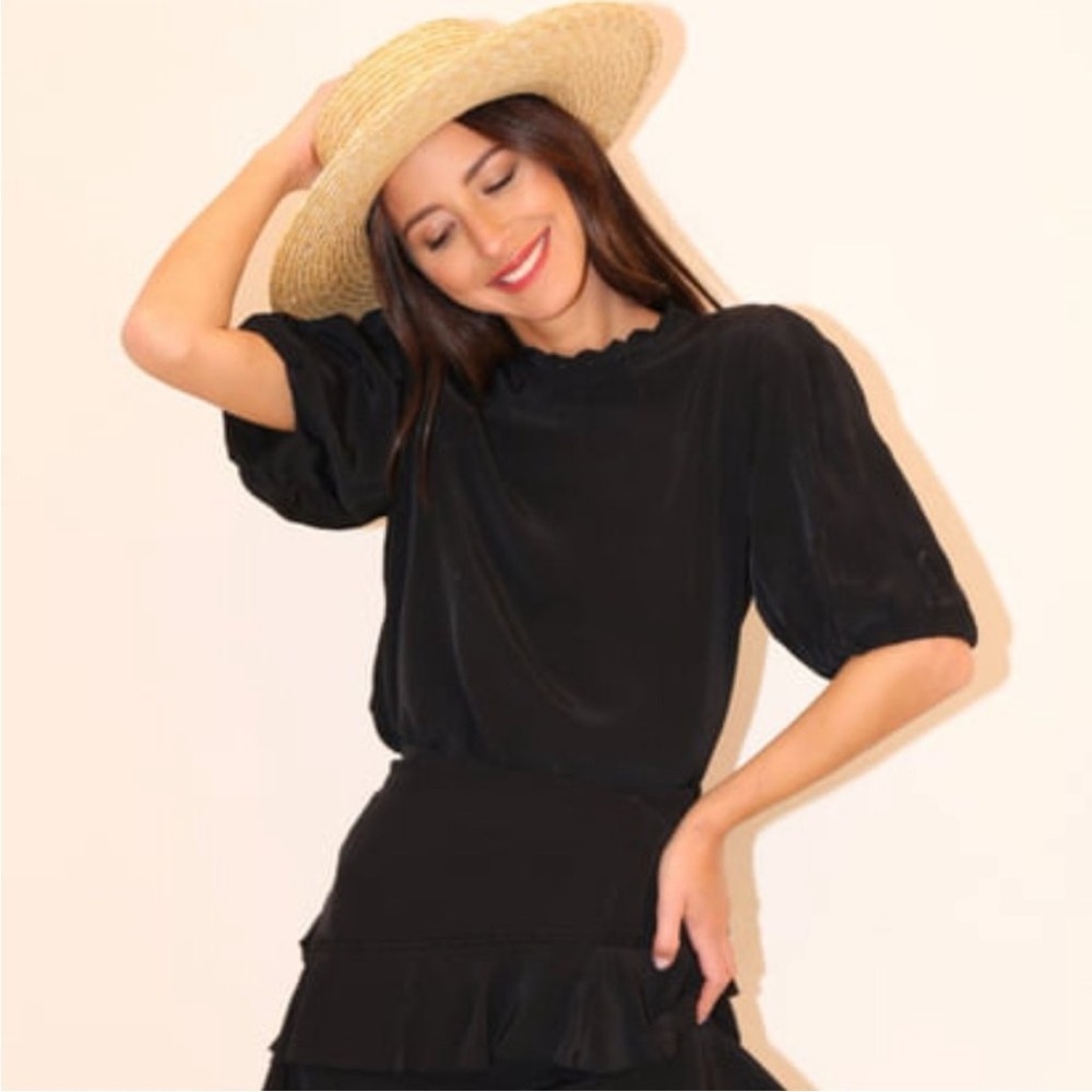 Something Navy Black Short Puff Sleeve MockEyelet Neck Blouse Size Small